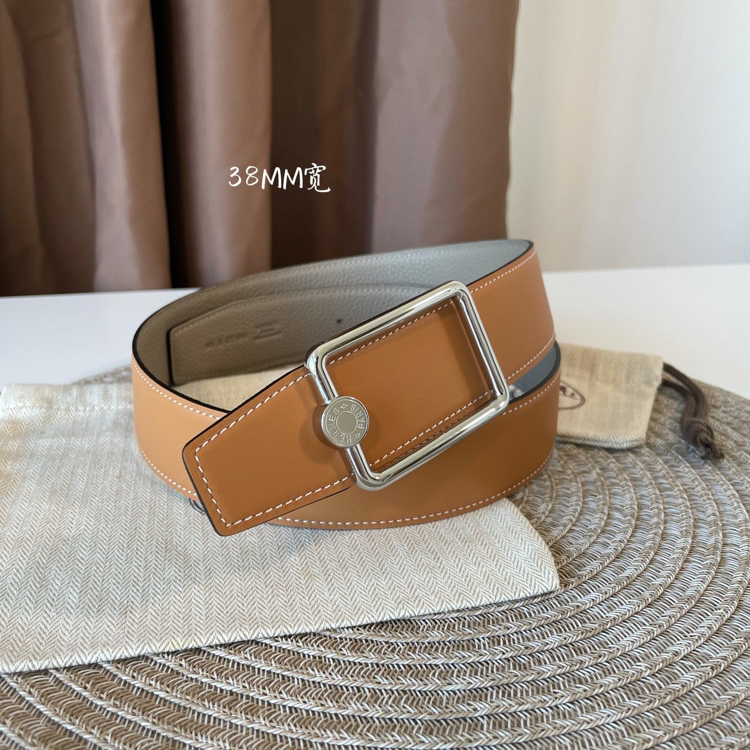 HERMES OSCAR BELT BUCKLE & REVERSIBLE KHAKI BROWN AND ORANGE LEATHER STRAP 38MM SILVER HARDWARE