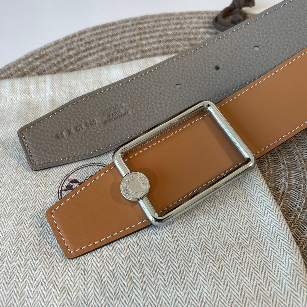 HERMES OSCAR BELT BUCKLE & REVERSIBLE KHAKI BROWN AND ORANGE LEATHER STRAP 38MM SILVER HARDWARE