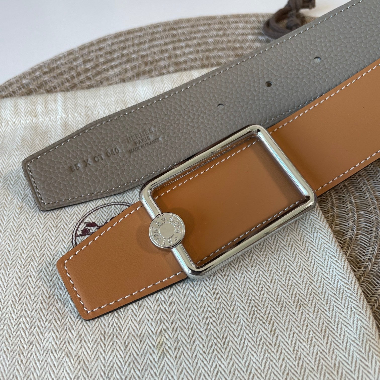 HERMES OSCAR BELT BUCKLE & REVERSIBLE KHAKI BROWN AND ORANGE LEATHER STRAP 38MM SILVER HARDWARE