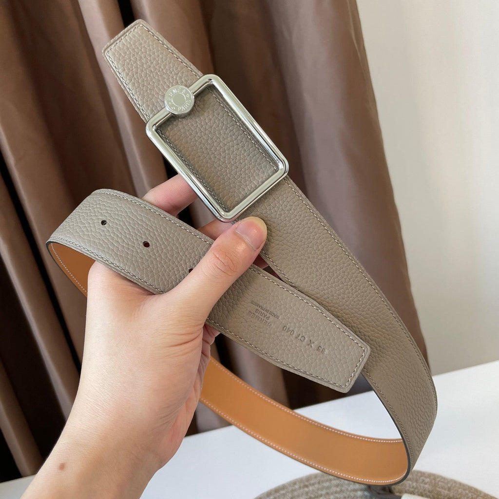 HERMES OSCAR BELT BUCKLE & REVERSIBLE KHAKI BROWN AND ORANGE LEATHER STRAP 38MM SILVER HARDWARE
