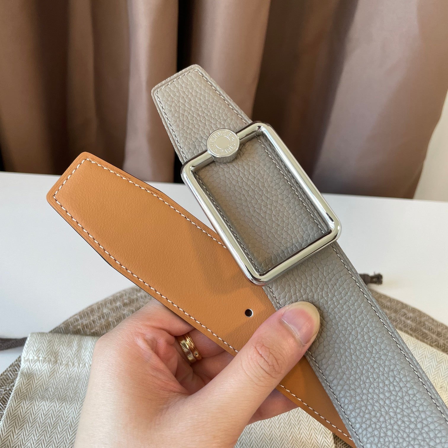 HERMES OSCAR BELT BUCKLE & REVERSIBLE KHAKI BROWN AND ORANGE LEATHER STRAP 38MM SILVER HARDWARE