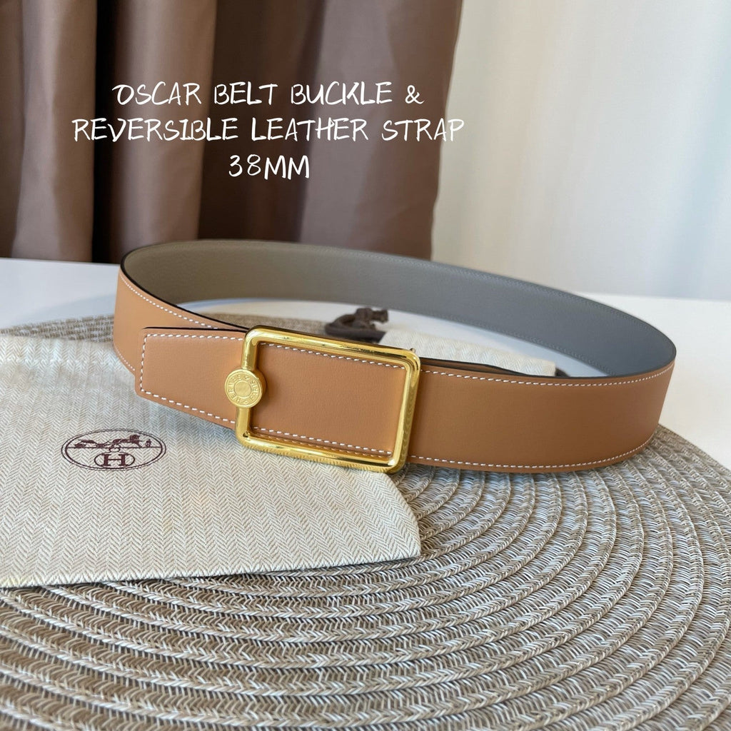HERMES OSCAR BELT BUCKLE & REVERSIBLE KHAKI BROWN AND ORANGE LEATHER STRAP 38MM GOLD HARDWARE