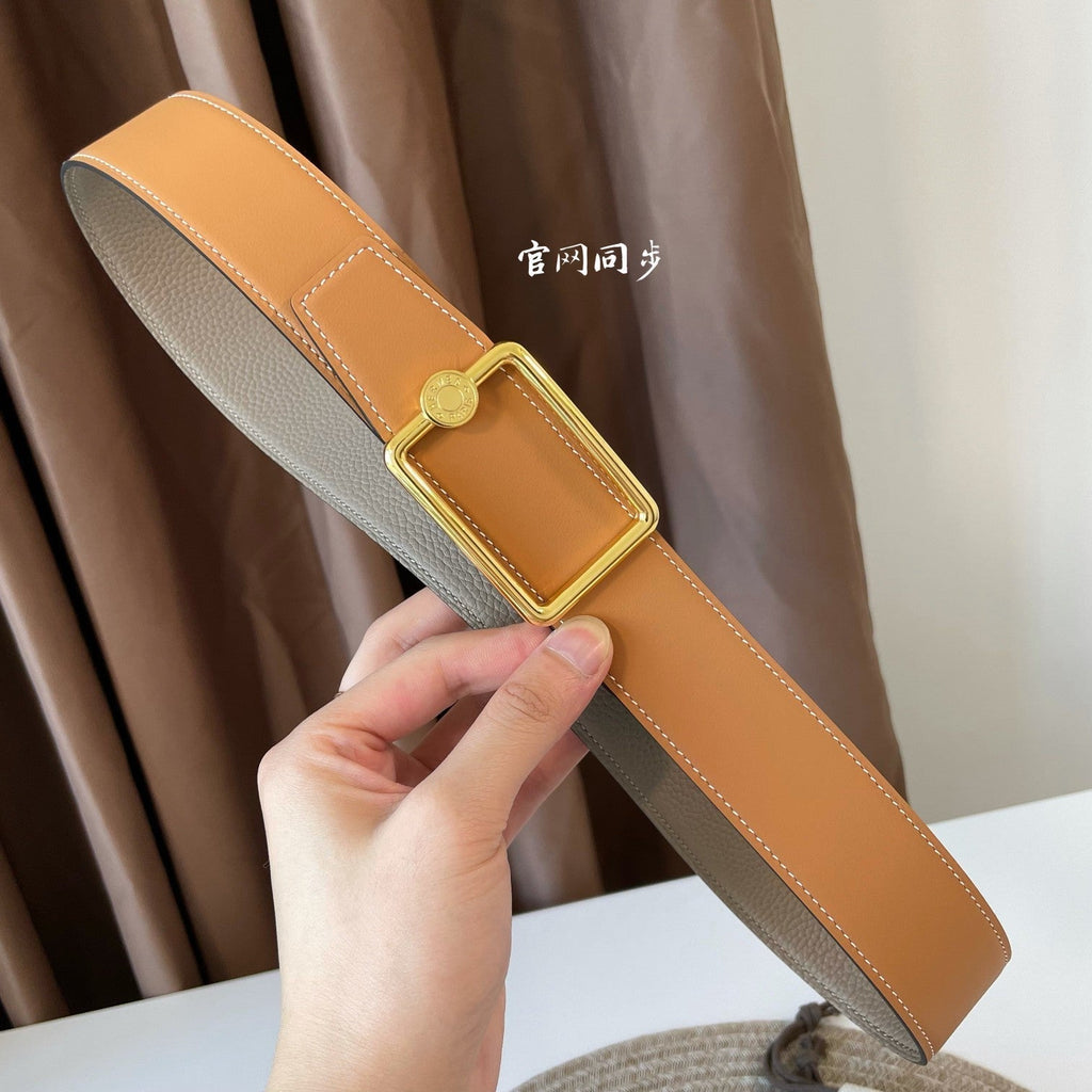 HERMES OSCAR BELT BUCKLE & REVERSIBLE KHAKI BROWN AND ORANGE LEATHER STRAP 38MM GOLD HARDWARE