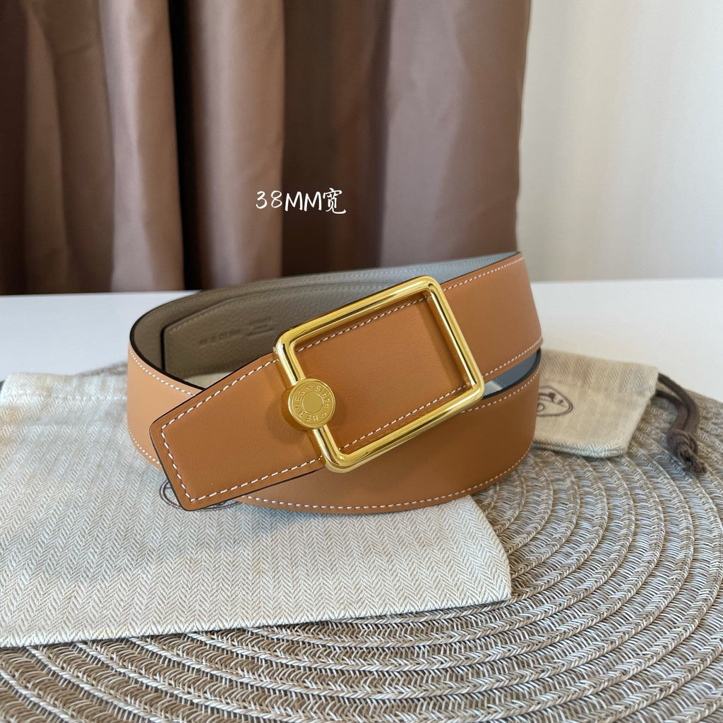 HERMES OSCAR BELT BUCKLE & REVERSIBLE KHAKI BROWN AND ORANGE LEATHER STRAP 38MM GOLD HARDWARE