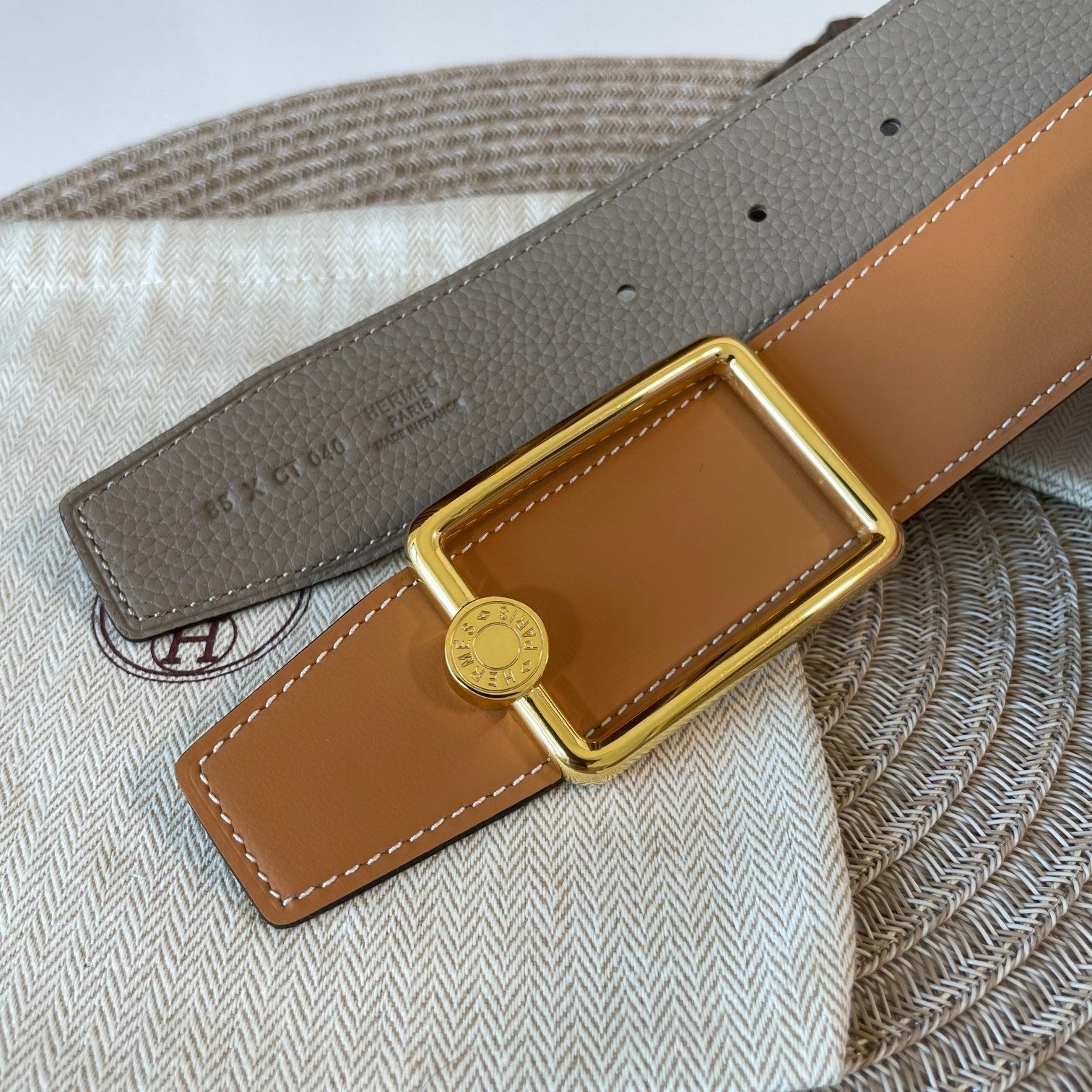 HERMES OSCAR BELT BUCKLE & REVERSIBLE KHAKI BROWN AND ORANGE LEATHER STRAP 38MM GOLD HARDWARE