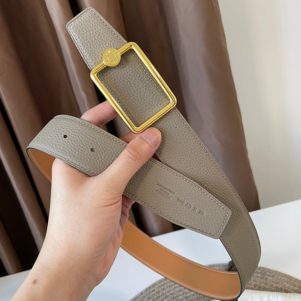 HERMES OSCAR BELT BUCKLE & REVERSIBLE KHAKI BROWN AND ORANGE LEATHER STRAP 38MM GOLD HARDWARE