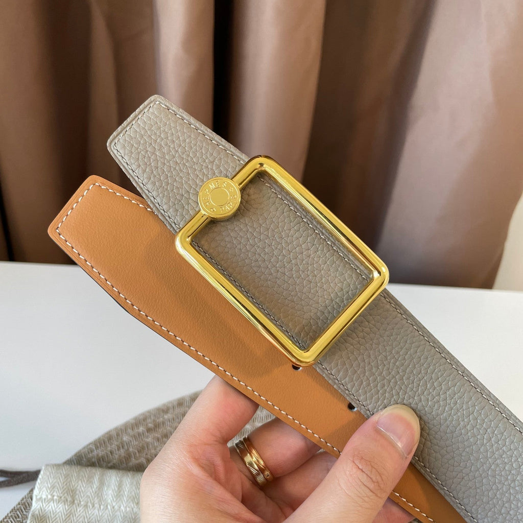 HERMES OSCAR BELT BUCKLE & REVERSIBLE KHAKI BROWN AND ORANGE LEATHER STRAP 38MM GOLD HARDWARE