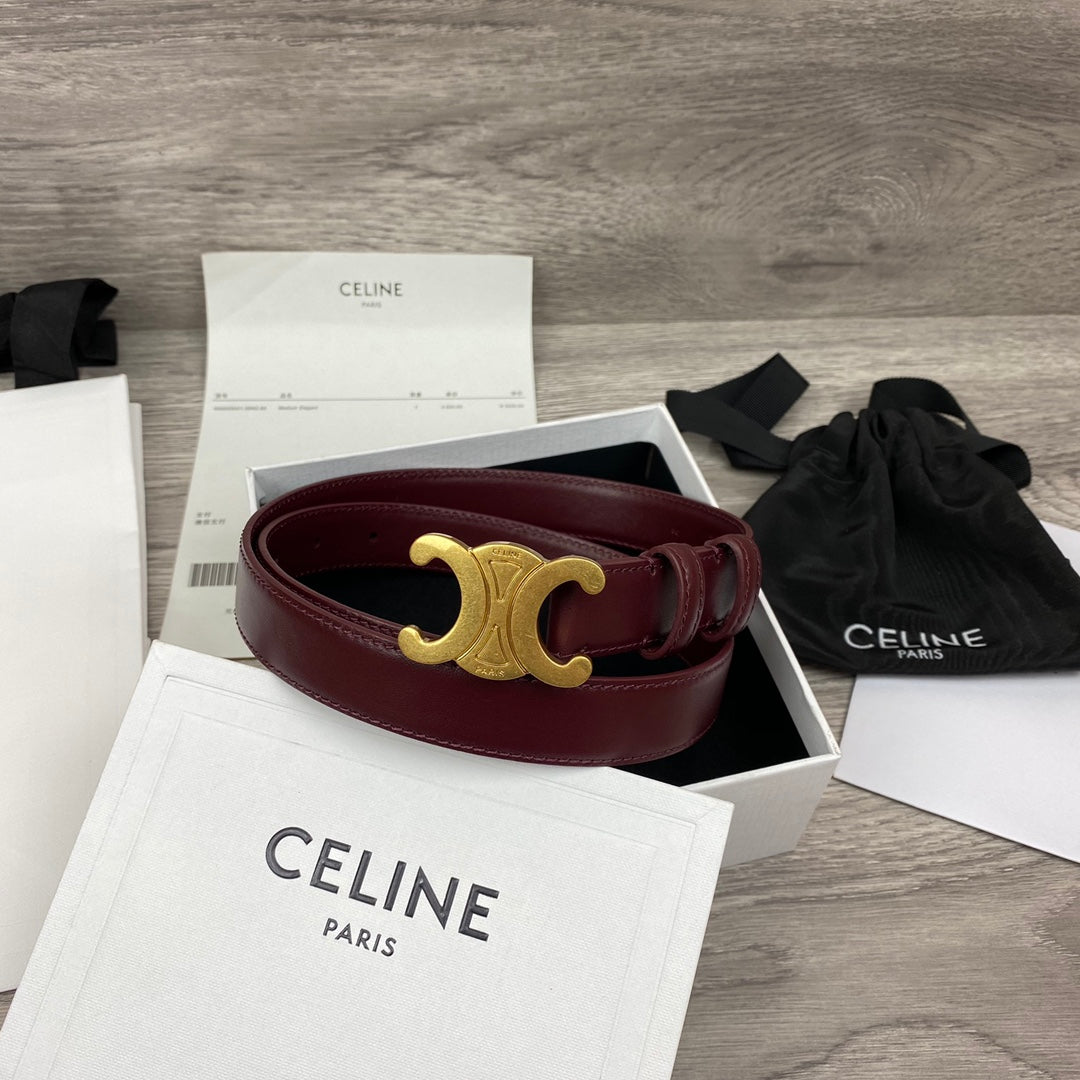 CELINE CL MEDIUM 25 MM TRIOMPHE BELT IN WINE RED LEATHER GOLD HARDWARE