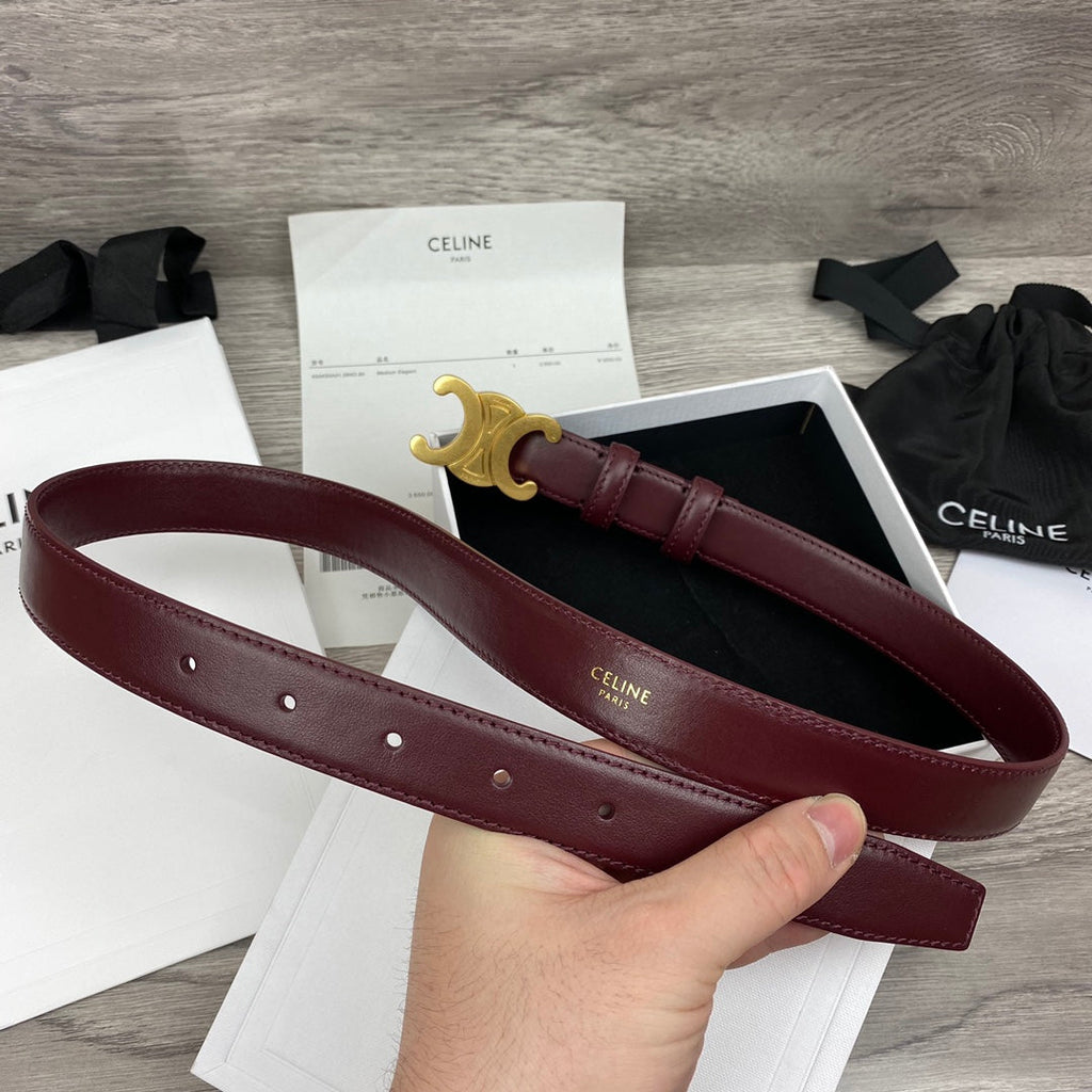 CELINE CL MEDIUM 25 MM TRIOMPHE BELT IN WINE RED LEATHER GOLD HARDWARE
