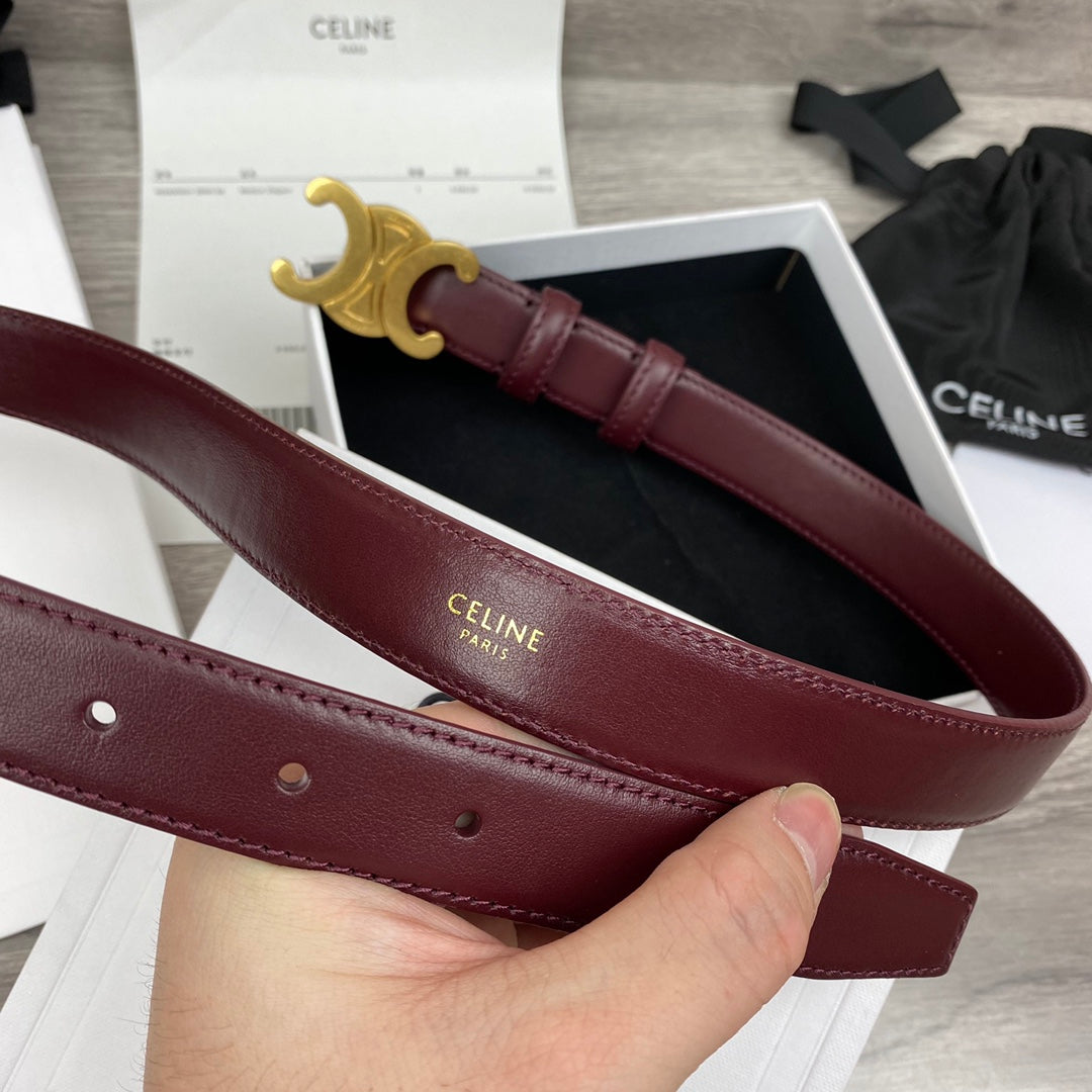 CELINE CL MEDIUM 25 MM TRIOMPHE BELT IN WINE RED LEATHER GOLD HARDWARE