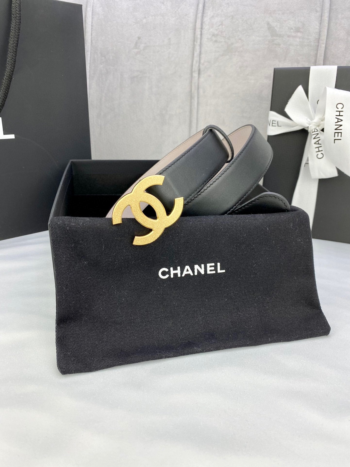 CHANEL DOUBLE C BELT 30MM IN BLACK CALFSKIN METAL BUCKLE