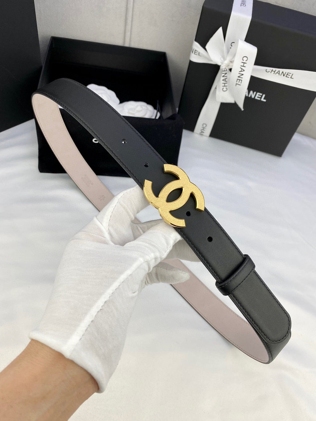 CHANEL DOUBLE C BELT 30MM IN BLACK CALFSKIN METAL BUCKLE