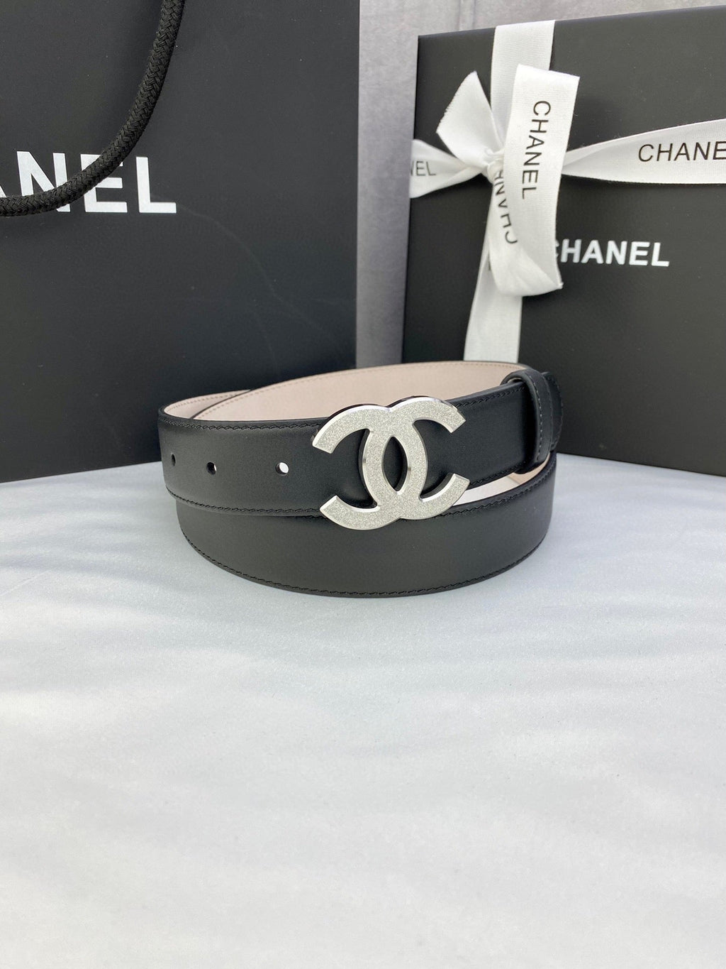 CHANEL DOUBLE C BELT 30MM IN BLACK CALFSKIN METAL BUCKLE