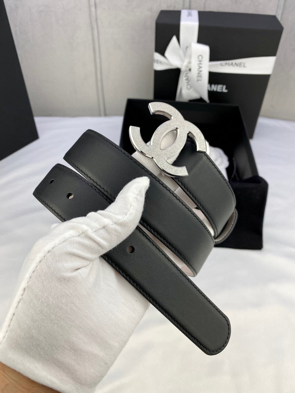 CHANEL DOUBLE C BELT 30MM IN BLACK CALFSKIN METAL BUCKLE