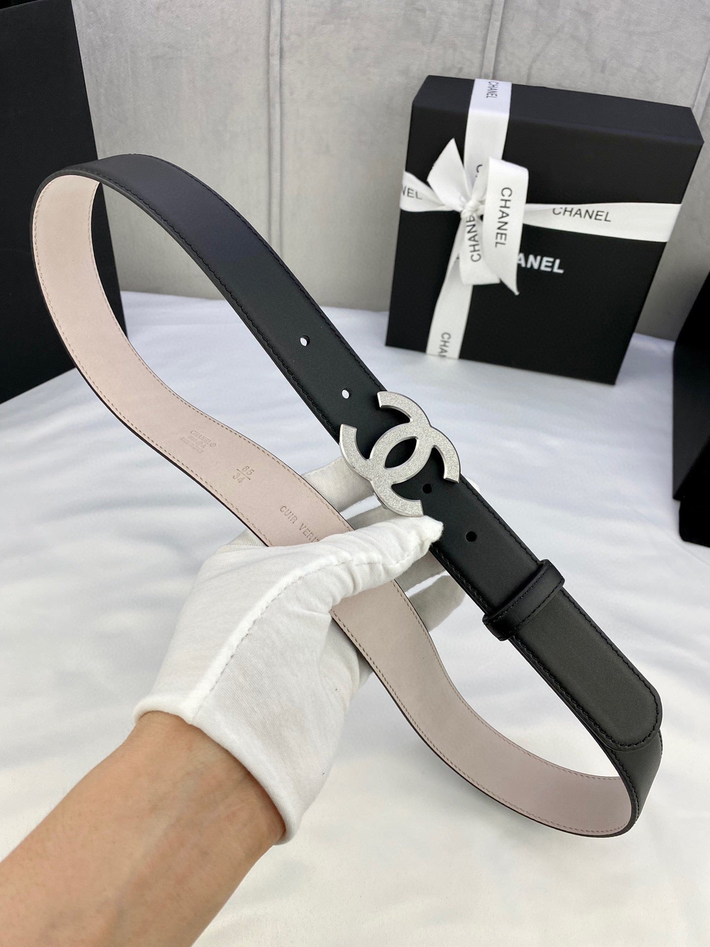 CHANEL DOUBLE C BELT 30MM IN BLACK CALFSKIN METAL BUCKLE