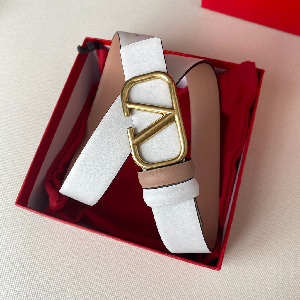 VALENTINO REVERSIBLE VLOGO SIGNATURE BELT IN GLOSSY BEIGE WHITE CALFSKIN GHW 30 MM