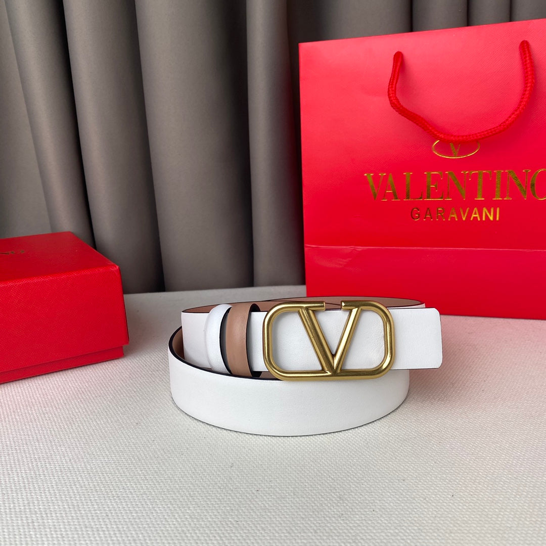 VALENTINO REVERSIBLE VLOGO SIGNATURE BELT IN GLOSSY BEIGE WHITE CALFSKIN GHW 30 MM