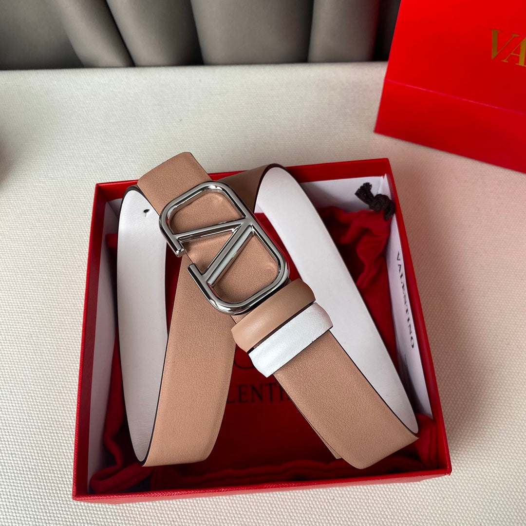 VALENTINO REVERSIBLE VLOGO SIGNATURE BELT IN GLOSSY BEIGE WHITE CALFSKIN SHW 30 MM
