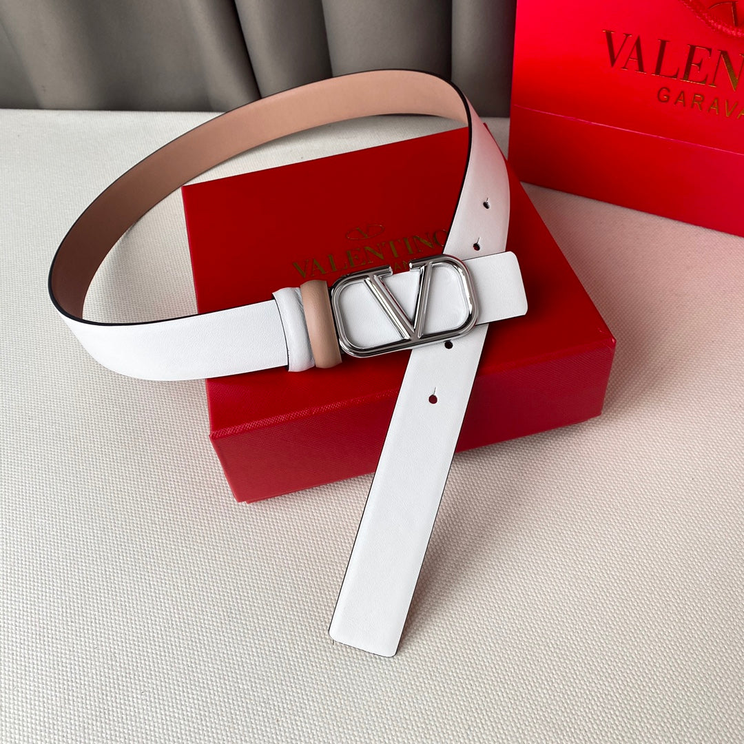 VALENTINO REVERSIBLE VLOGO SIGNATURE BELT IN GLOSSY BEIGE WHITE CALFSKIN SHW 30 MM
