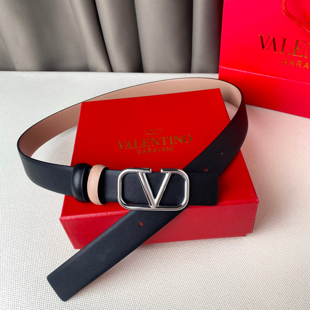 VALENTINO REVERSIBLE VLOGO SIGNATURE BELT IN GLOSSY BEIGE BLACK CALFSKIN SHW 30 MM