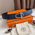 HERMES ITHAQUE BELT SILVER BUCKLE & REVERSIBLE NAVY BLUE AND BLACK LEATHER STRAP 38MM