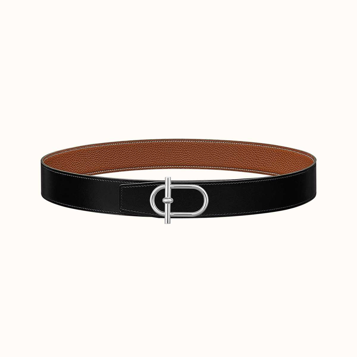 HERMES ITHAQUE BELT SILVER BUCKLE & REVERSIBLE CINNAMON BROWN AND BLACK LEATHER STRAP 38MM