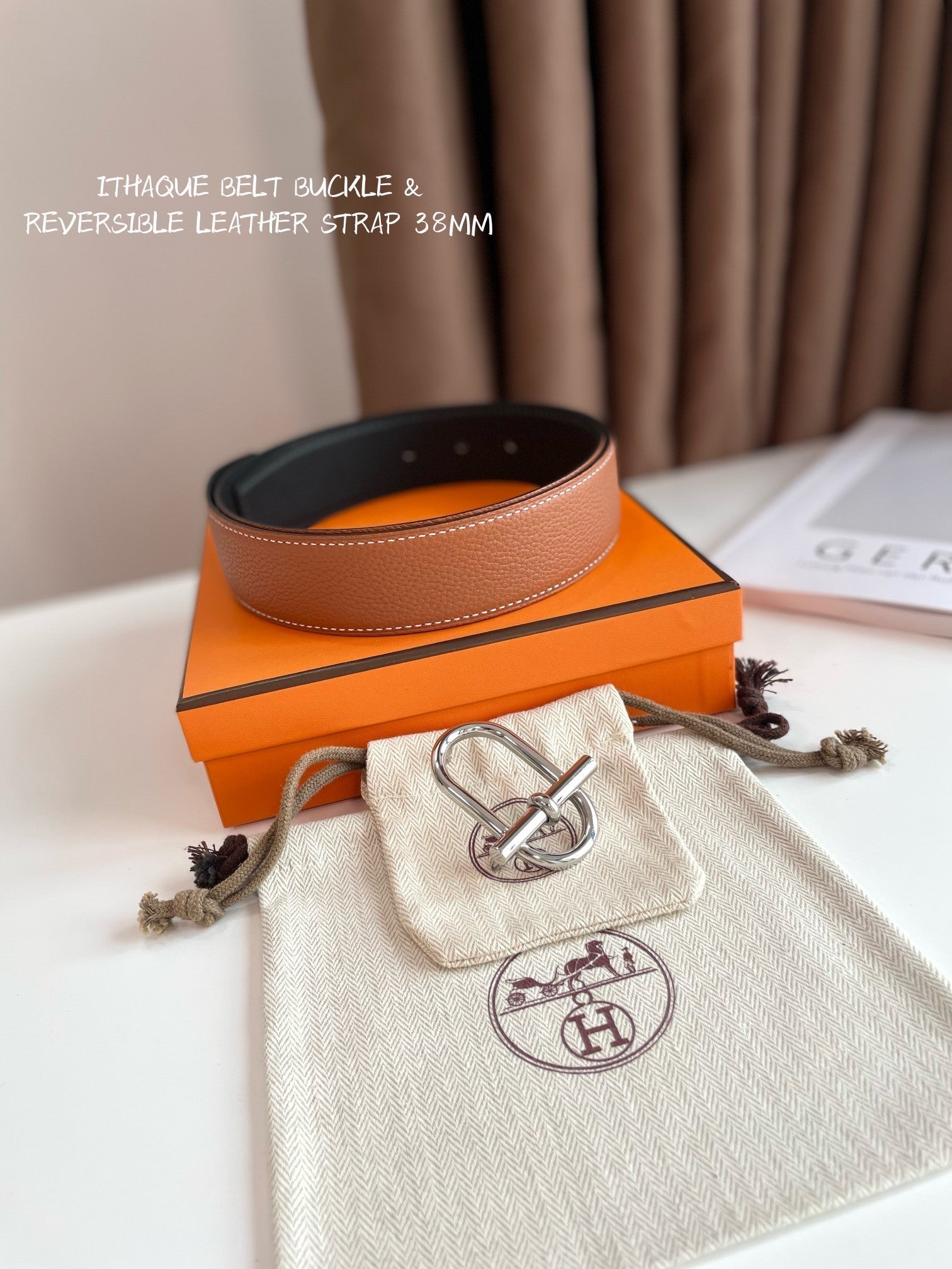 HERMES ITHAQUE BELT SILVER BUCKLE & REVERSIBLE CINNAMON BROWN AND BLACK LEATHER STRAP 38MM