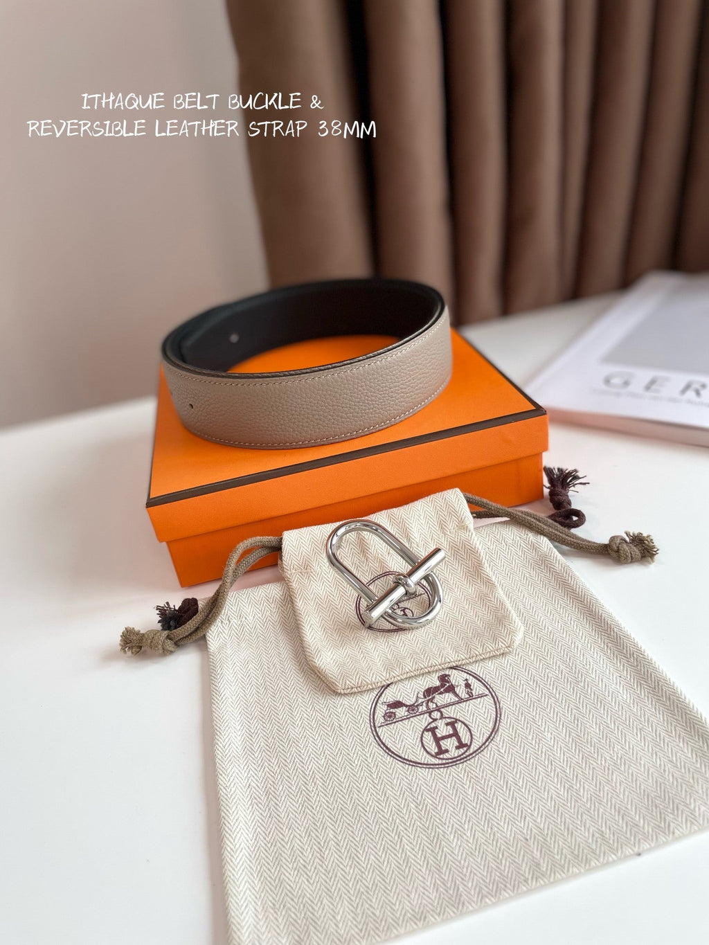 HERMES ITHAQUE BELT SILVER BUCKLE & REVERSIBLE CAMEL BROWN AND BLACK LEATHER STRAP 38MM