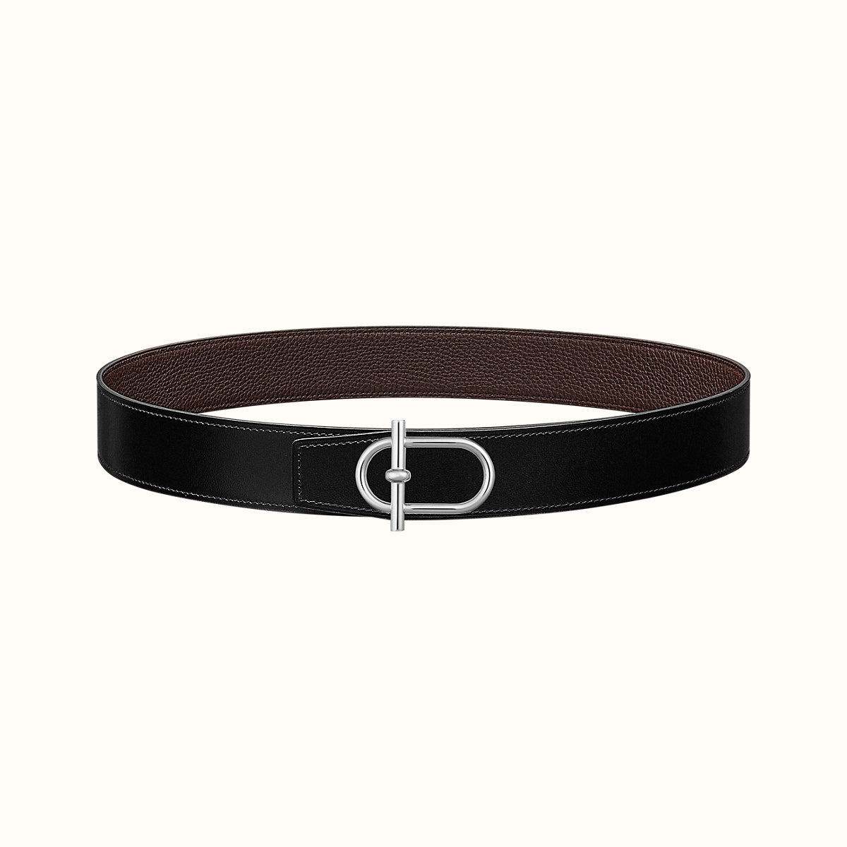 HERMES ITHAQUE BELT SILVER BUCKLE & REVERSIBLE CHOCOLATE BROWN AND BLACK LEATHER STRAP 38MM
