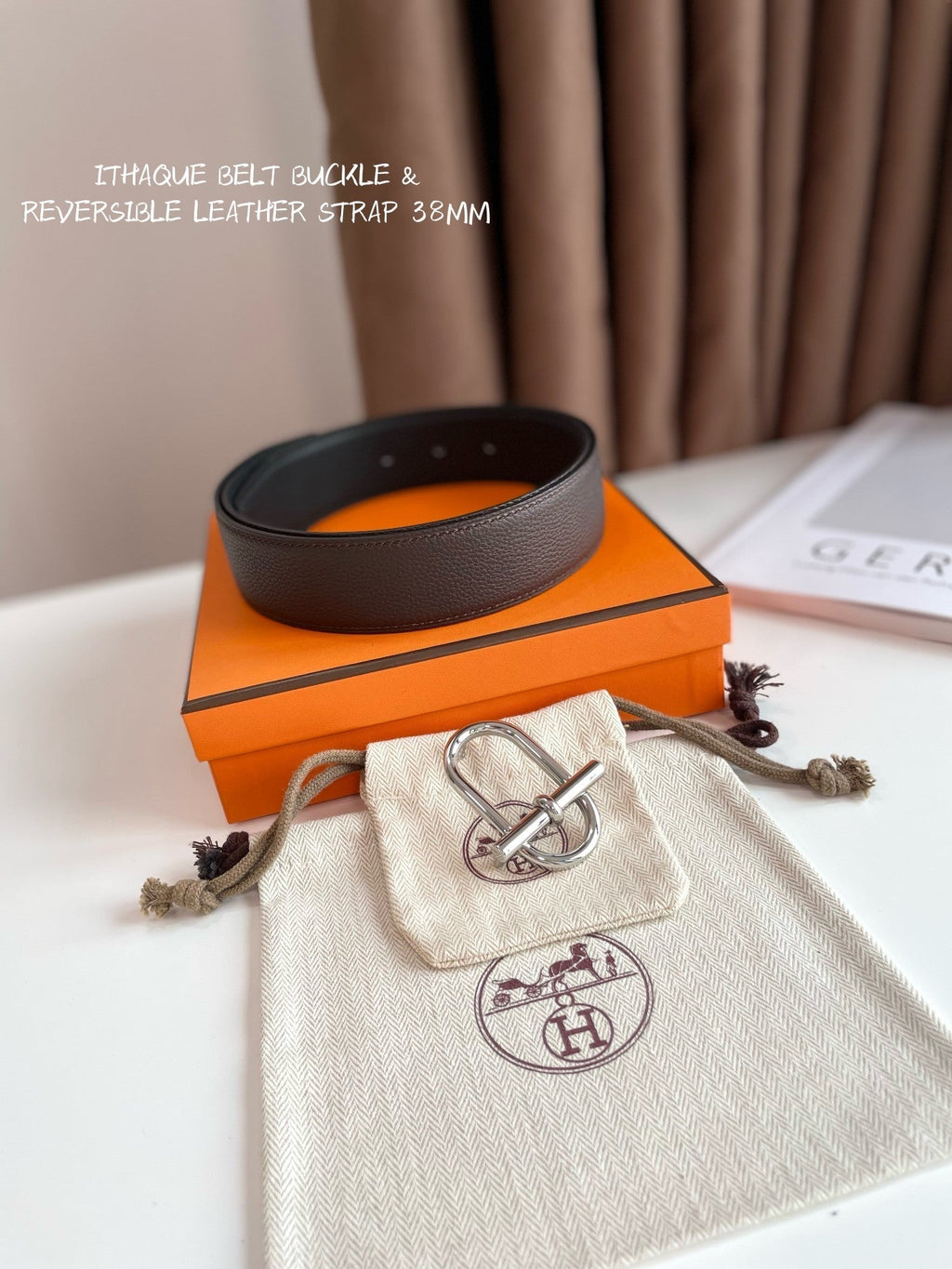 HERMES ITHAQUE BELT SILVER BUCKLE & REVERSIBLE CHOCOLATE BROWN AND BLACK LEATHER STRAP 38MM