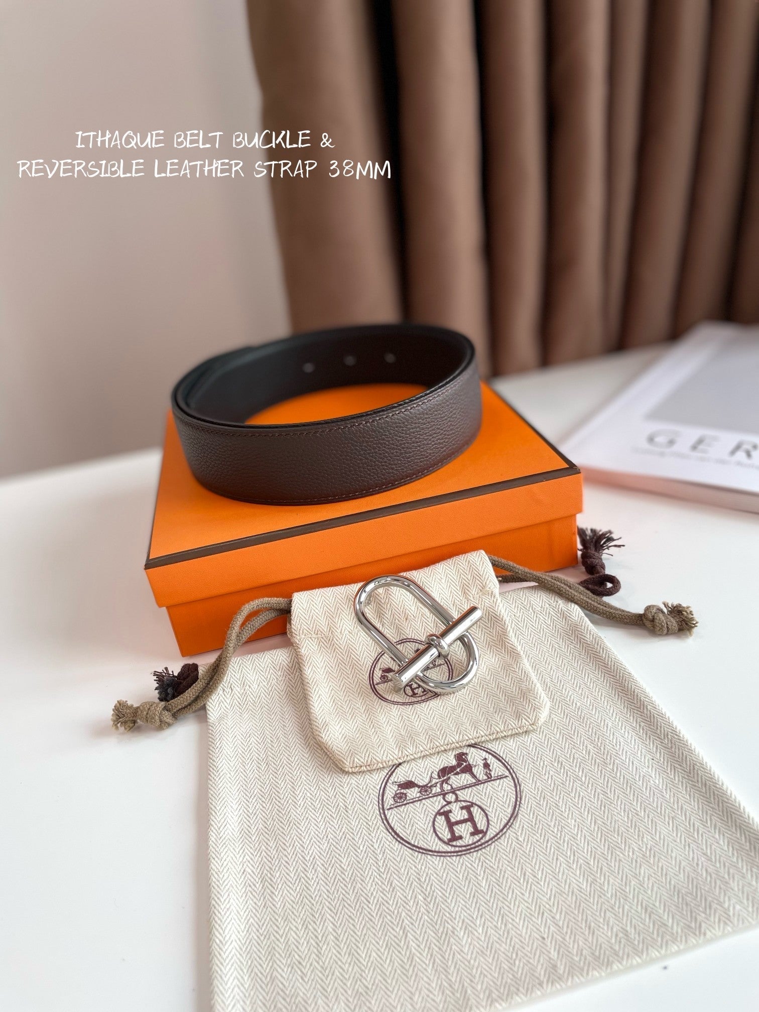 HERMES ITHAQUE BELT SILVER BUCKLE & REVERSIBLE CHOCOLATE BROWN AND BLACK LEATHER STRAP 38MM