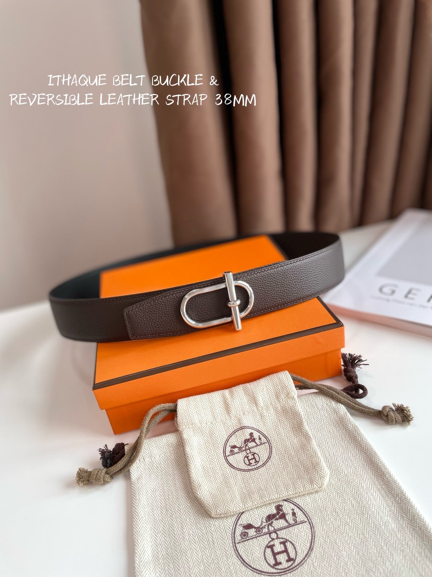 HERMES ITHAQUE BELT SILVER BUCKLE & REVERSIBLE CHOCOLATE BROWN AND BLACK LEATHER STRAP 38MM