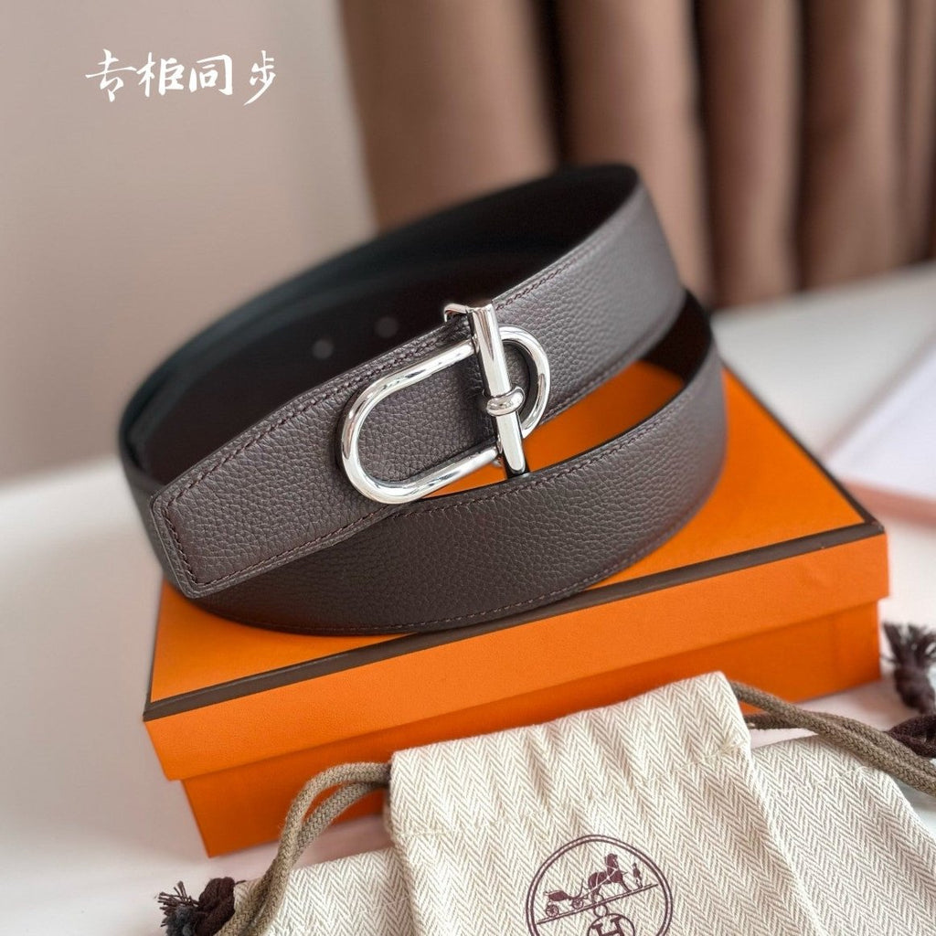 HERMES ITHAQUE BELT SILVER BUCKLE & REVERSIBLE CHOCOLATE BROWN AND BLACK LEATHER STRAP 38MM