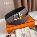 HERMES ITHAQUE BELT SILVER BUCKLE & REVERSIBLE CHOCOLATE BROWN AND BLACK LEATHER STRAP 38MM