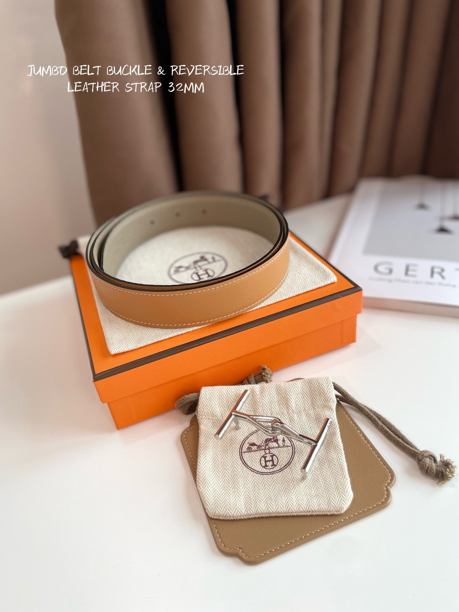HERMES JUMBO BELT SILVER BUCKLE & REVERSIBLE CAMEL BROWN AND ORANGE LEATHER STRAP 32MM