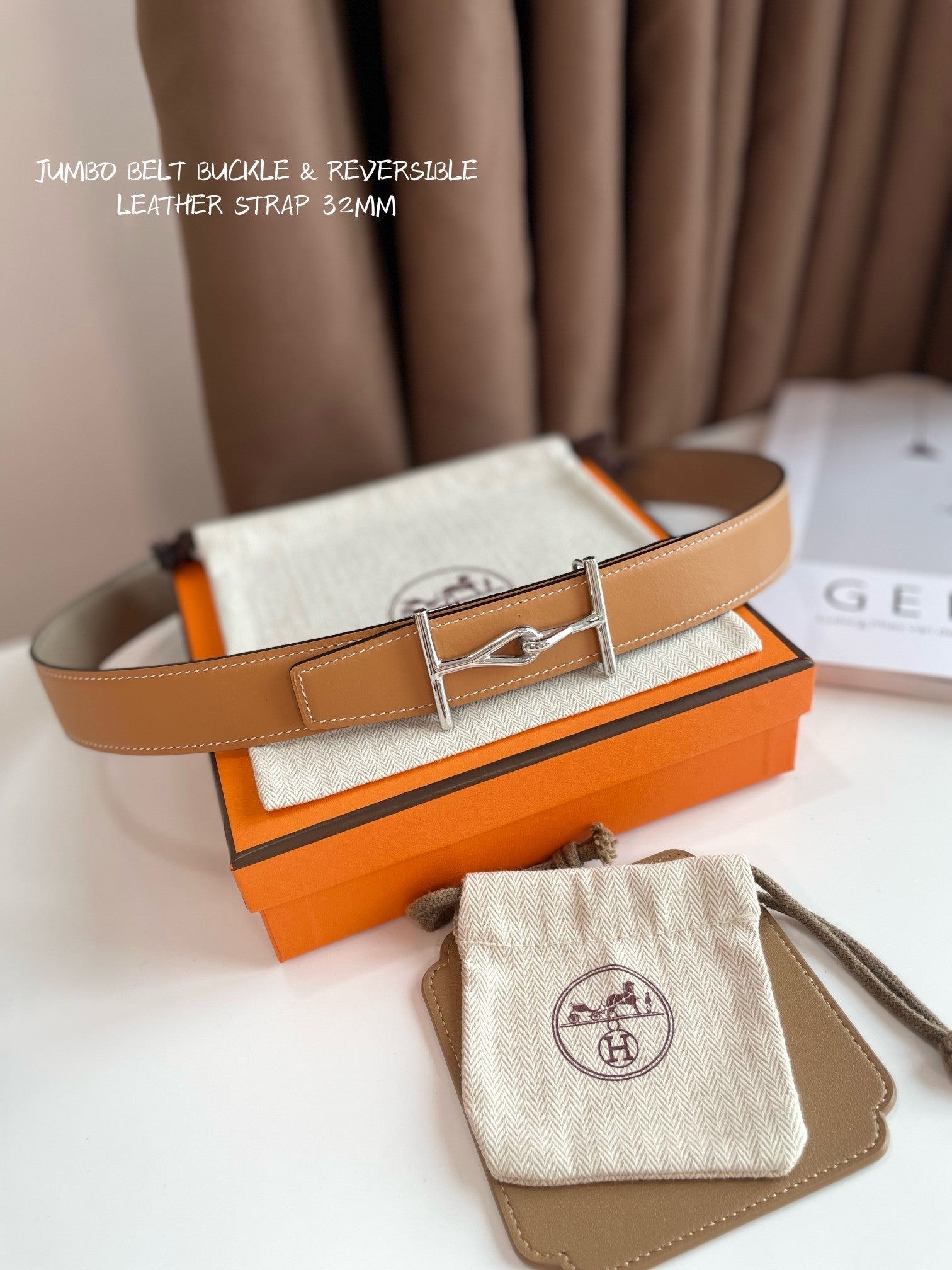 HERMES JUMBO BELT SILVER BUCKLE & REVERSIBLE CAMEL BROWN AND ORANGE LEATHER STRAP 32MM