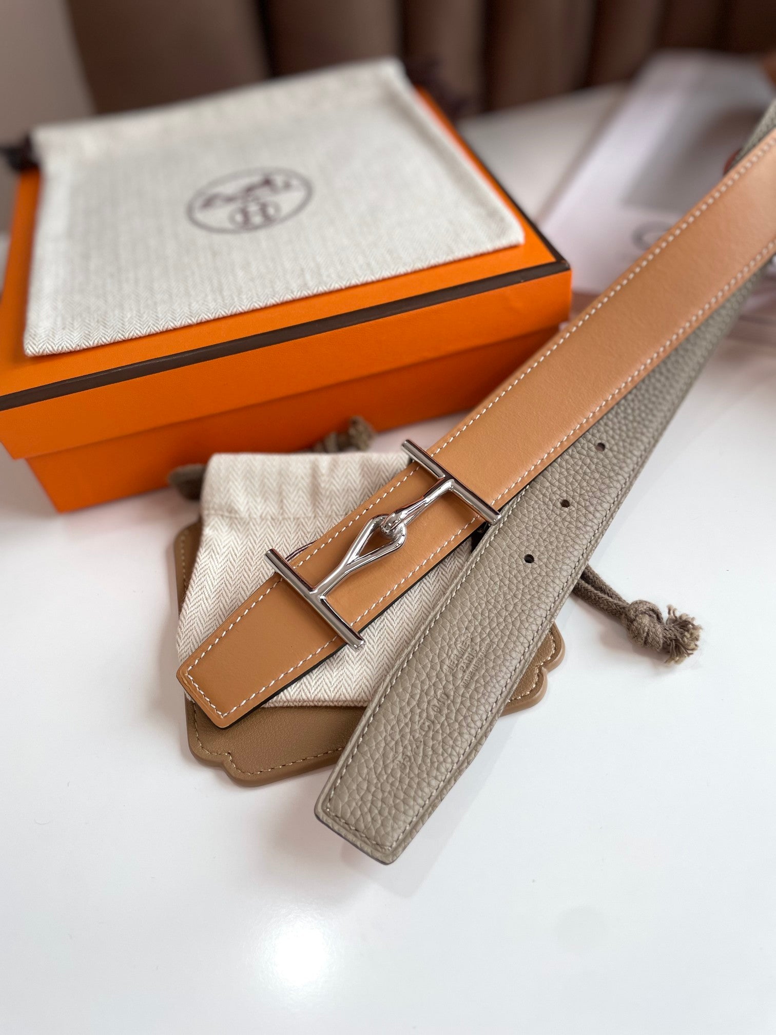 HERMES JUMBO BELT SILVER BUCKLE & REVERSIBLE CAMEL BROWN AND ORANGE LEATHER STRAP 32MM