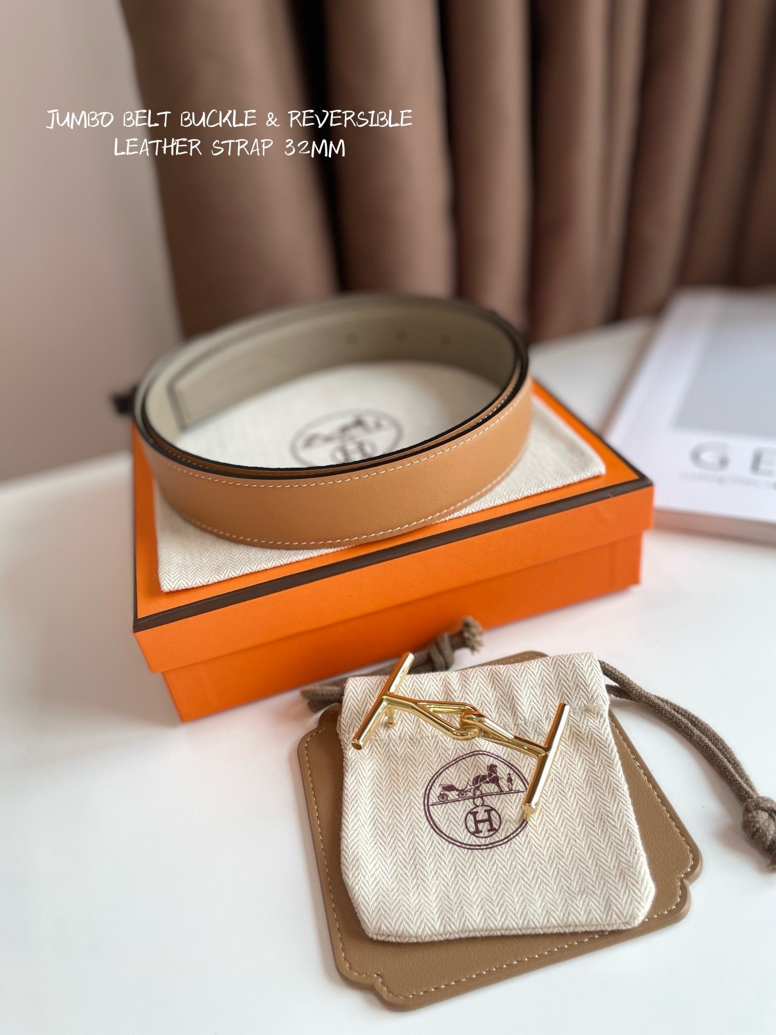 HERMES JUMBO BELT GOLD BUCKLE & REVERSIBLE CAMEL BROWN AND ORANGE LEATHER STRAP 32MM