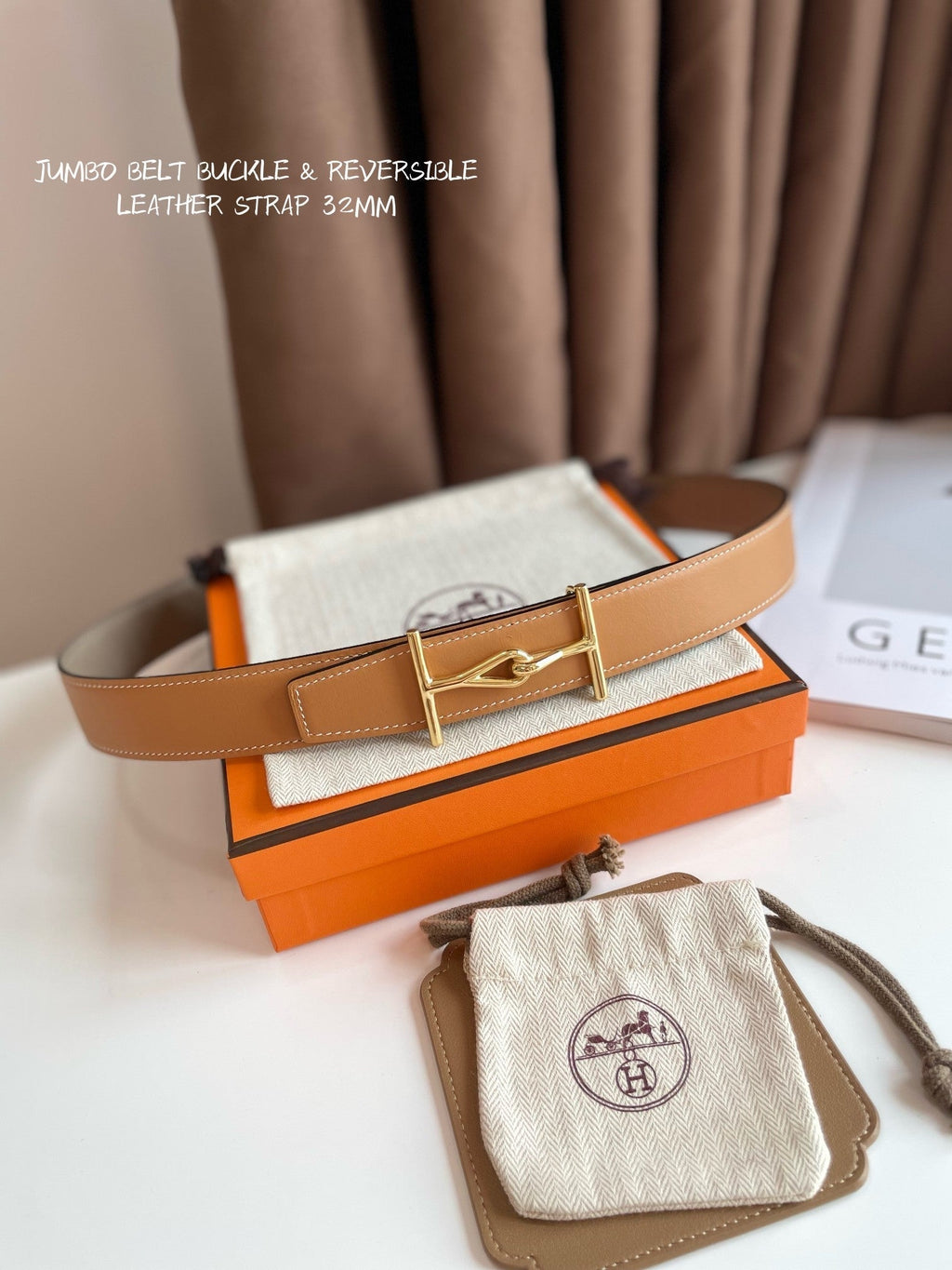 HERMES JUMBO BELT GOLD BUCKLE & REVERSIBLE CAMEL BROWN AND ORANGE LEATHER STRAP 32MM