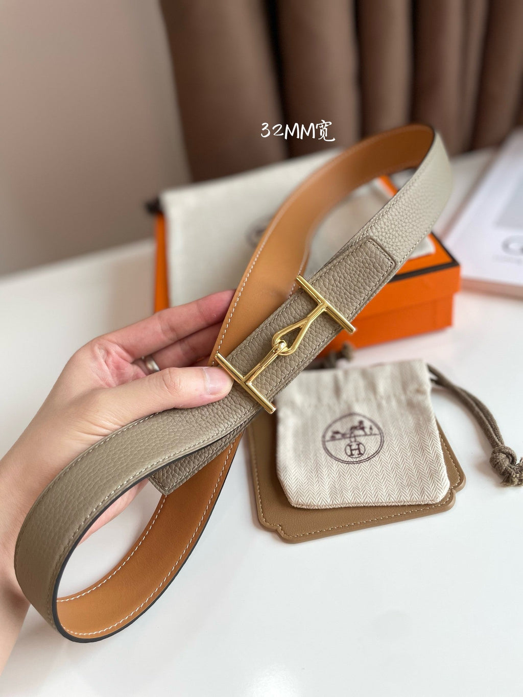 HERMES JUMBO BELT GOLD BUCKLE & REVERSIBLE CAMEL BROWN AND ORANGE LEATHER STRAP 32MM