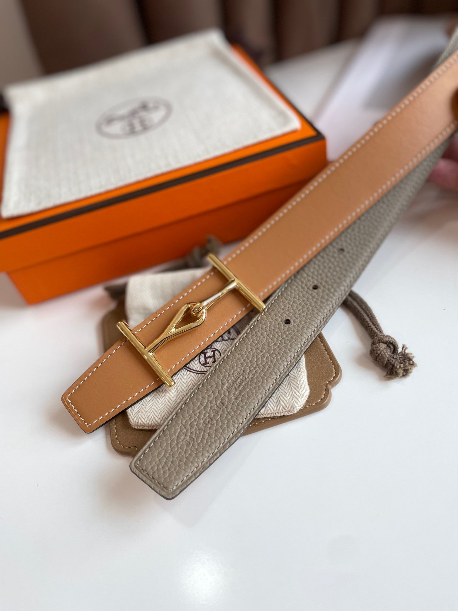 HERMES JUMBO BELT GOLD BUCKLE & REVERSIBLE CAMEL BROWN AND ORANGE LEATHER STRAP 32MM