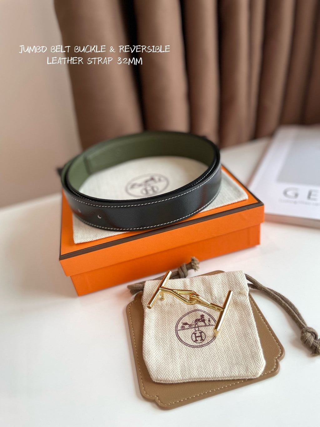 HERMES JUMBO BELT GOLD BUCKLE & REVERSIBLE OLIVE GREEN AND BLACK LEATHER STRAP 32MM