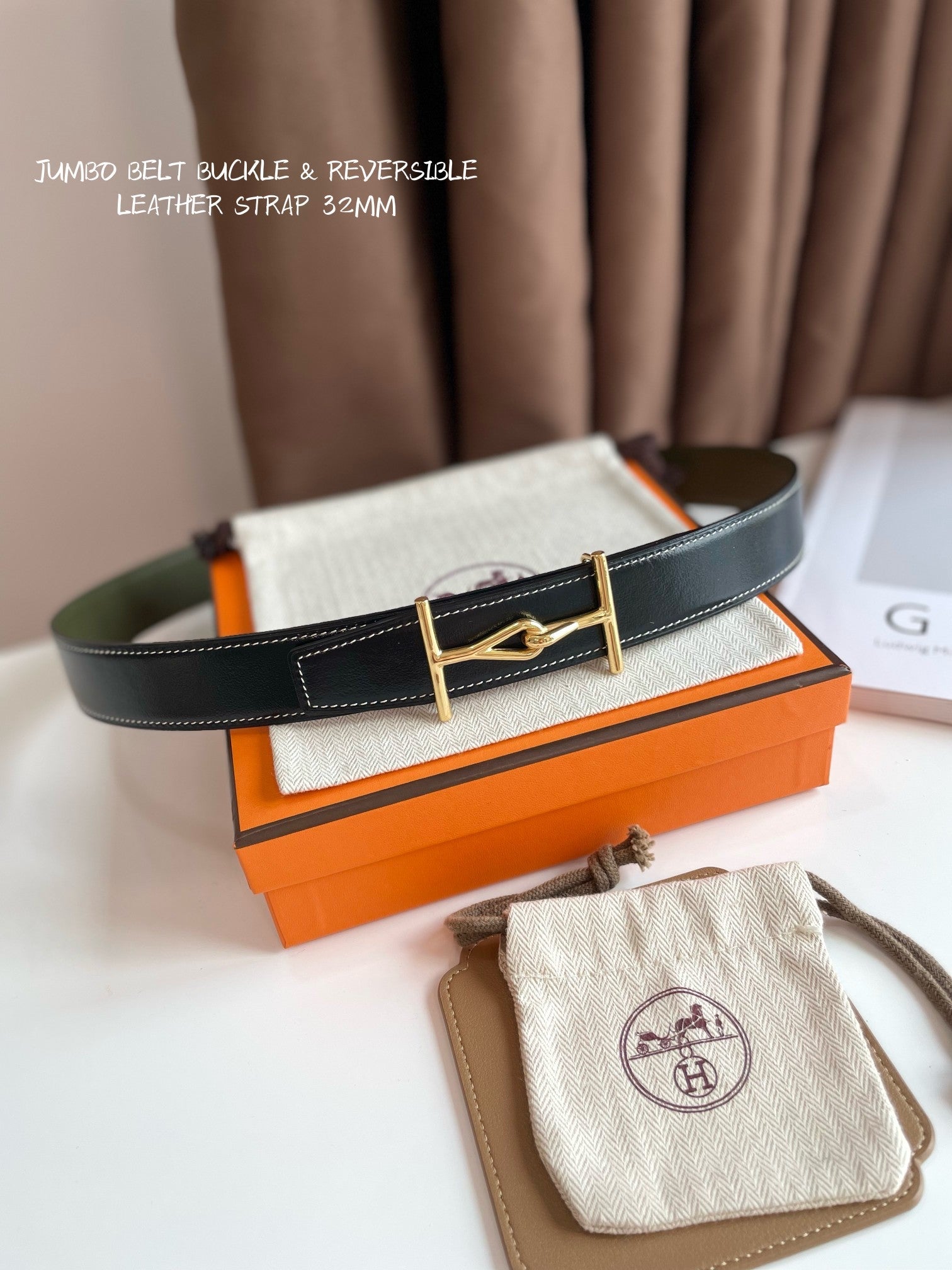 HERMES JUMBO BELT GOLD BUCKLE & REVERSIBLE OLIVE GREEN AND BLACK LEATHER STRAP 32MM