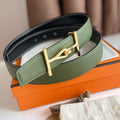 HERMES JUMBO BELT GOLD BUCKLE & REVERSIBLE OLIVE GREEN AND BLACK LEATHER STRAP 32MM