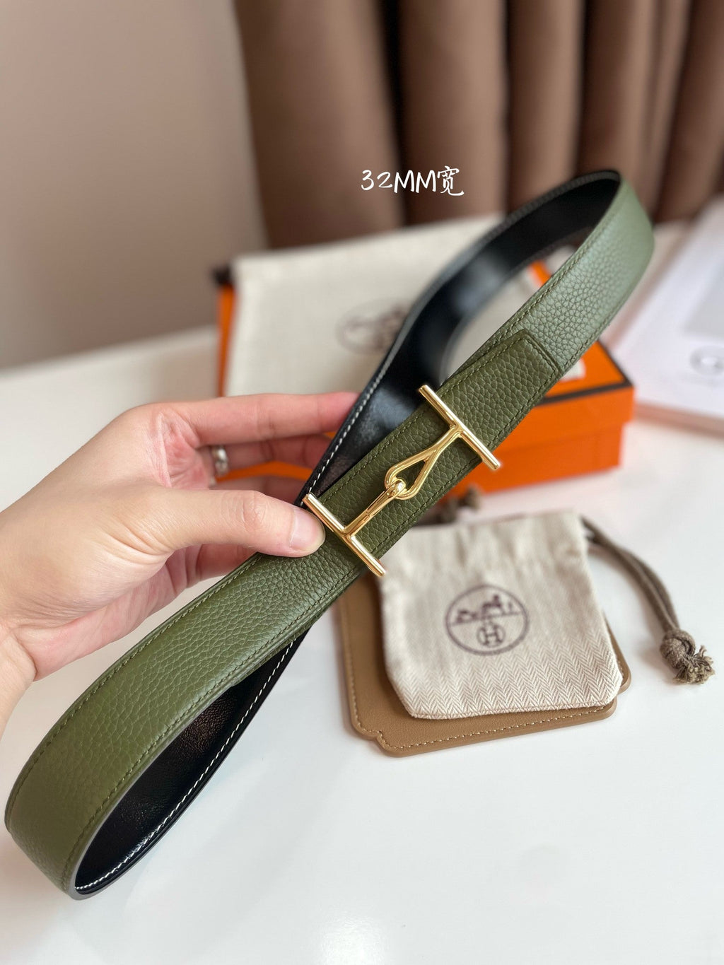 HERMES JUMBO BELT GOLD BUCKLE & REVERSIBLE OLIVE GREEN AND BLACK LEATHER STRAP 32MM