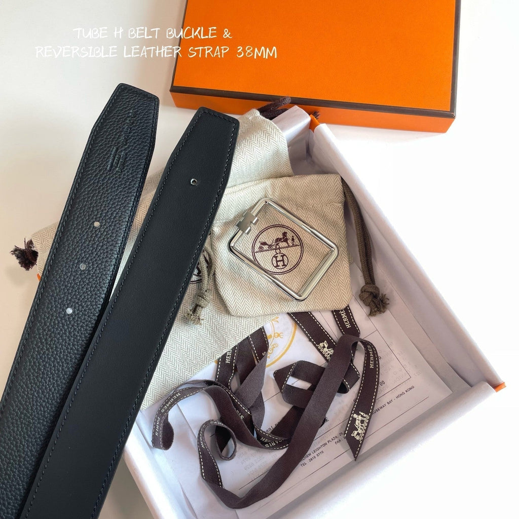 HERMES TUBE H BELT SILVER BUCKLE & REVERSIBLE BLACK LEATHER STRAP 38MM