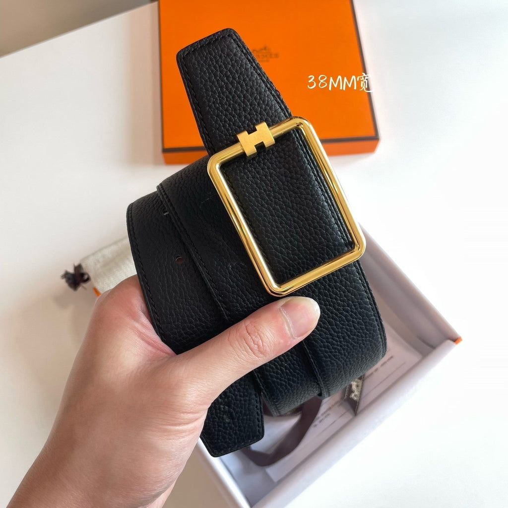HERMES TUBE H BELT SILVER BUCKLE & REVERSIBLE BLACK LEATHER STRAP 38MM