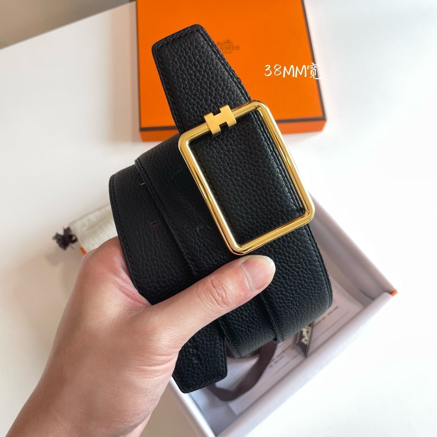 HERMES TUBE H BELT SILVER BUCKLE & REVERSIBLE BLACK LEATHER STRAP 38MM