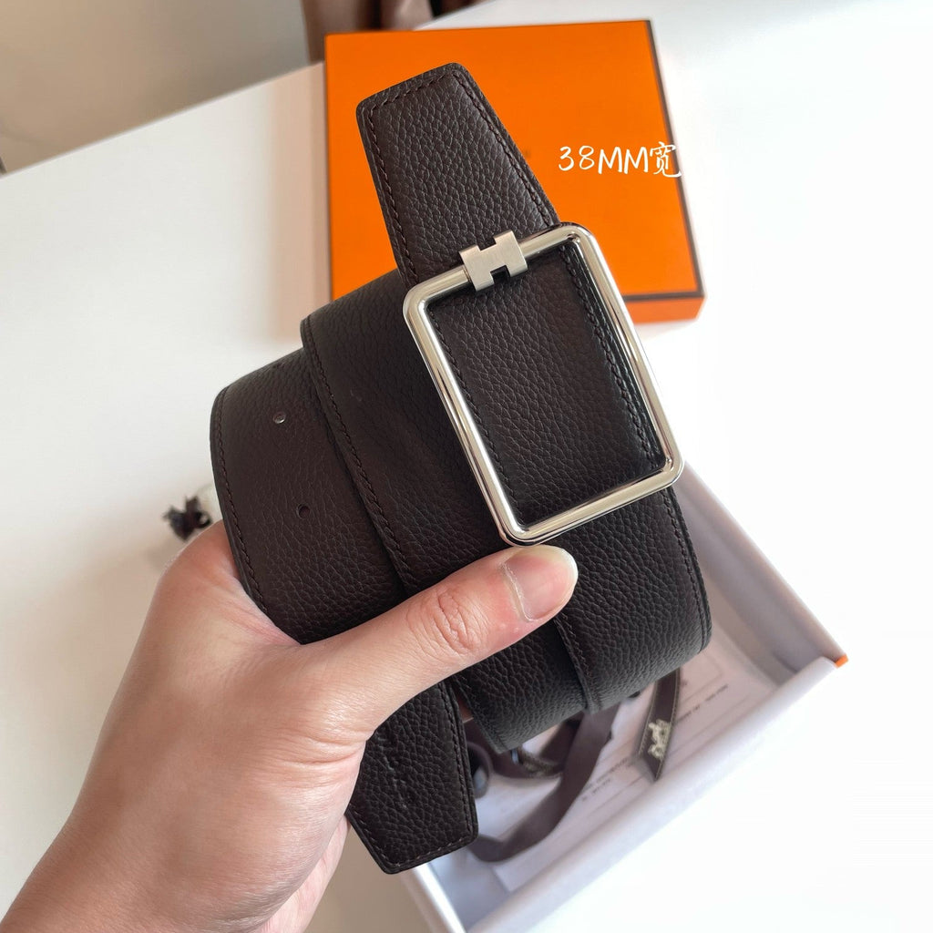 HERMES TUBE H BELT GOLD BUCKLE & REVERSIBLE DARK BROWN LEATHER STRAP 38MM