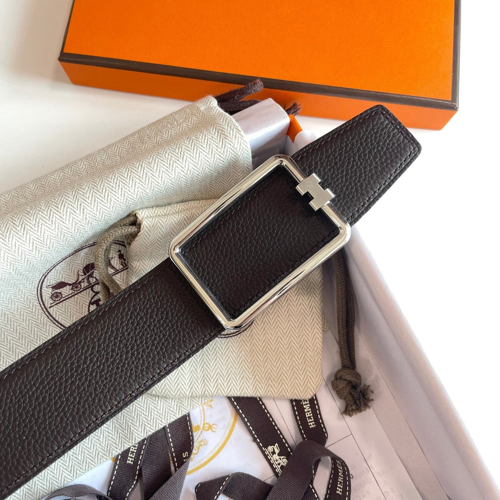 HERMES TUBE H BELT GOLD BUCKLE & REVERSIBLE DARK BROWN LEATHER STRAP 38MM